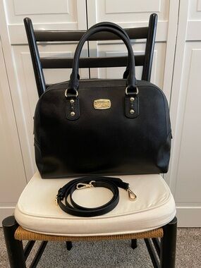 Michael Kors Black Saffiano Satchel with Gold-Tone Plaque